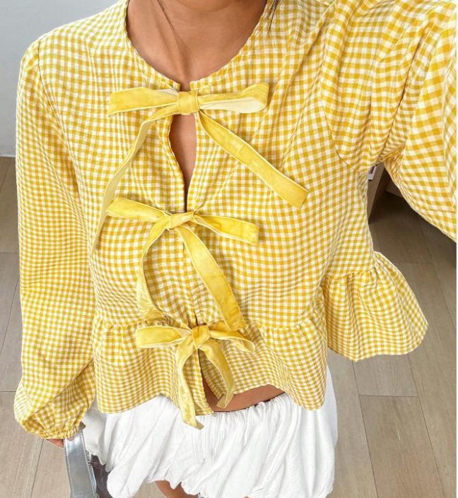 Women Plaid Bow Tie Blouse Puff Long Sleeve Round Neck Ruffle Hem Loose Casual Shirt Summer Commuter Top Source Factory Apparel