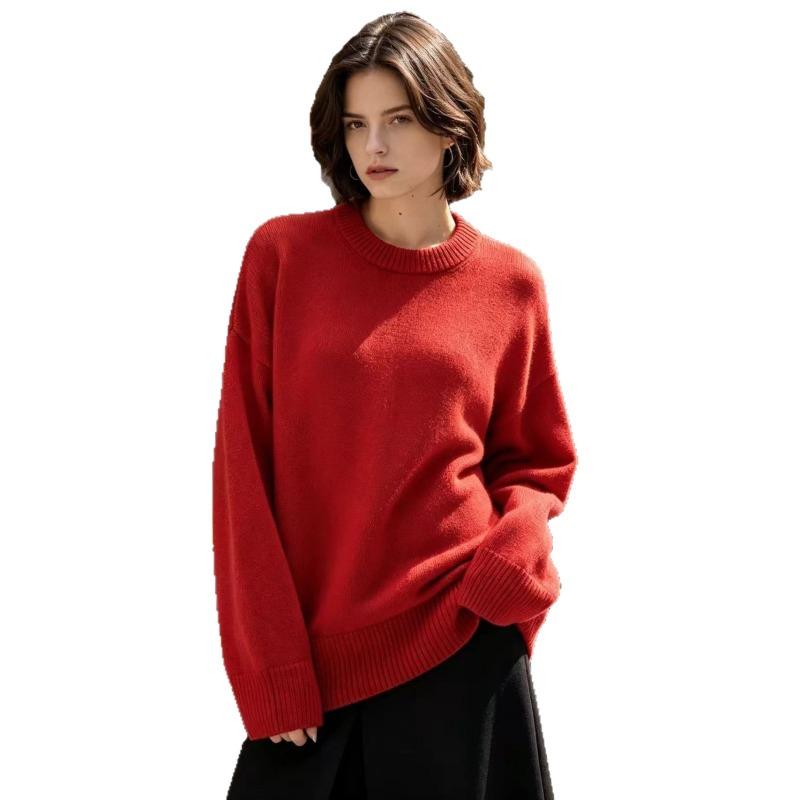 European and American Knitted Sweater Women's Loose Round Neck Solid Color Long Sleeve Thickened Large Size Autumn and Winter Casual Pullover