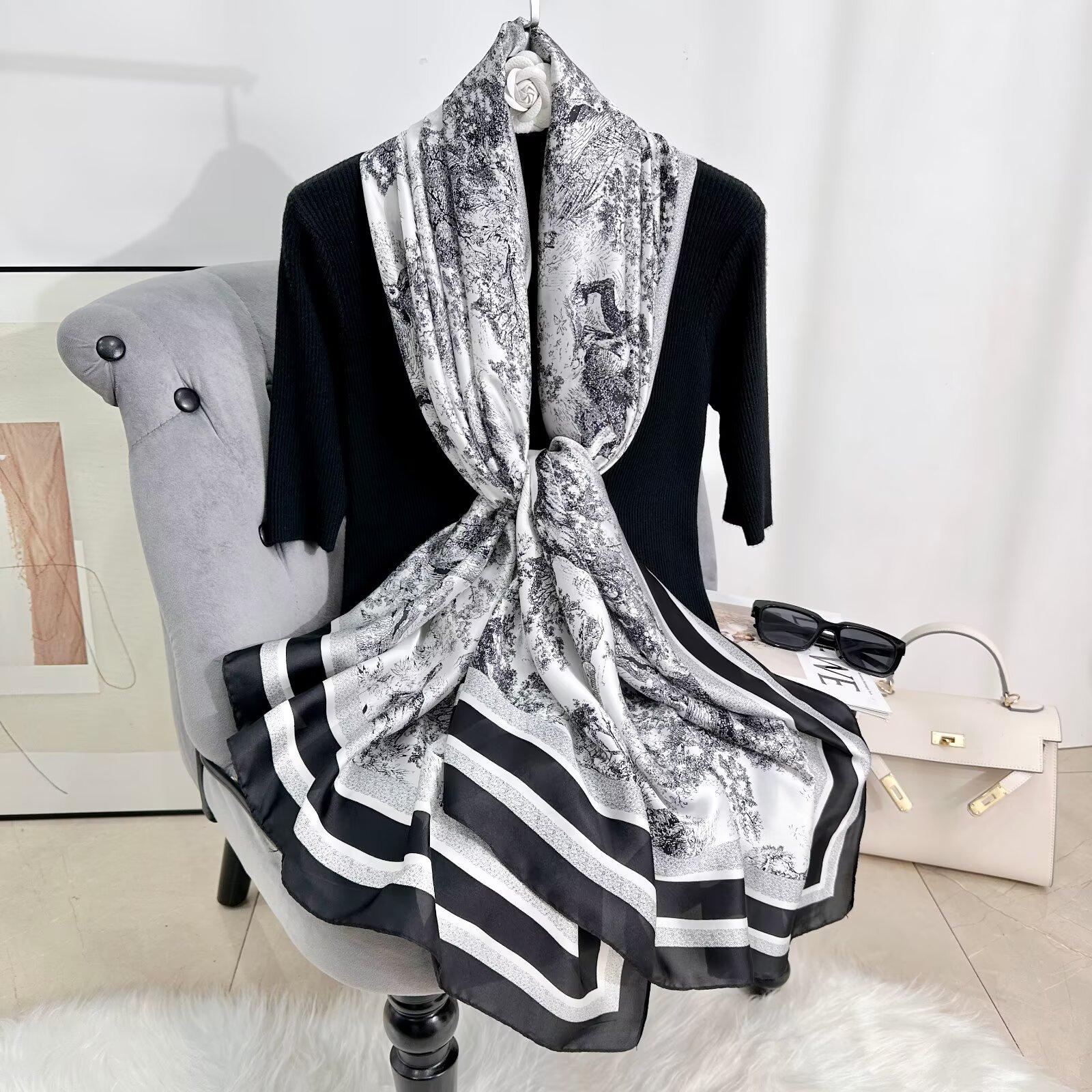 185 * 80Cm national style ink painting new silk satin double-sided printing long scarf floral atmosphere silk scarf shawl literary scarf 185*80cm