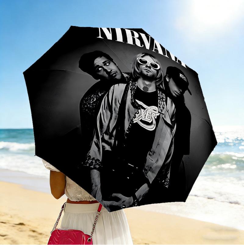 Nirvana Band 8 Ribs 3Fold Black Glue Uv Protection Umbrella Sun Protection Rainproof Compact Folding Umbrella For Travel Daily Use C92374