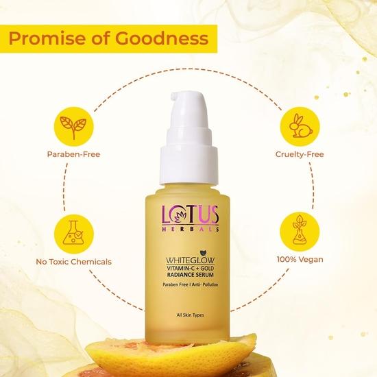 Lotus Herbals WhiteGlow Vit C and Gold Radiance Face Serum | Reduces Dark Spots | Boosts Radiance | Paraben-Free | 30ml