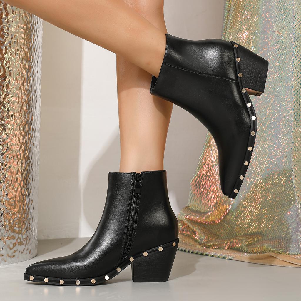  Autumn/Winter New Short Boots for Women, Metal Rivet Edges, Pointed Thick High Heels, Casual Women's Boots