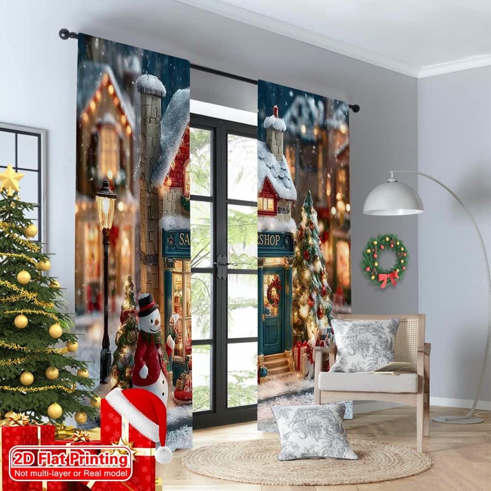 2pcs 2D flat printing Merry Christmas Party Curtains Christmas toy store Fabric Without Electricity Family Party for Holiday