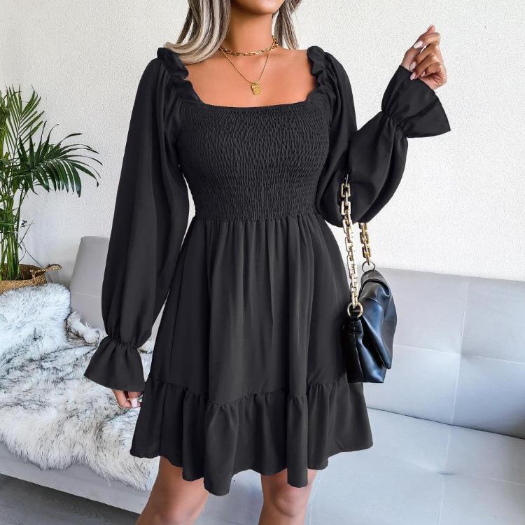Flared Swing Dress Summer Spring Long Sleeve Square Neck Ruffled A Line Solid Color All Match Sizes S To XL