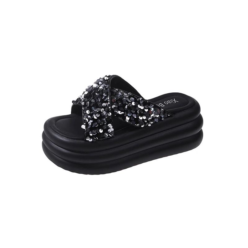 Fashion 8CM Bling Woman Platform Sandals Ladies Elegant Medium Women's Shoes Flats Summer Sandals Women Designer Shoes Girls slippers