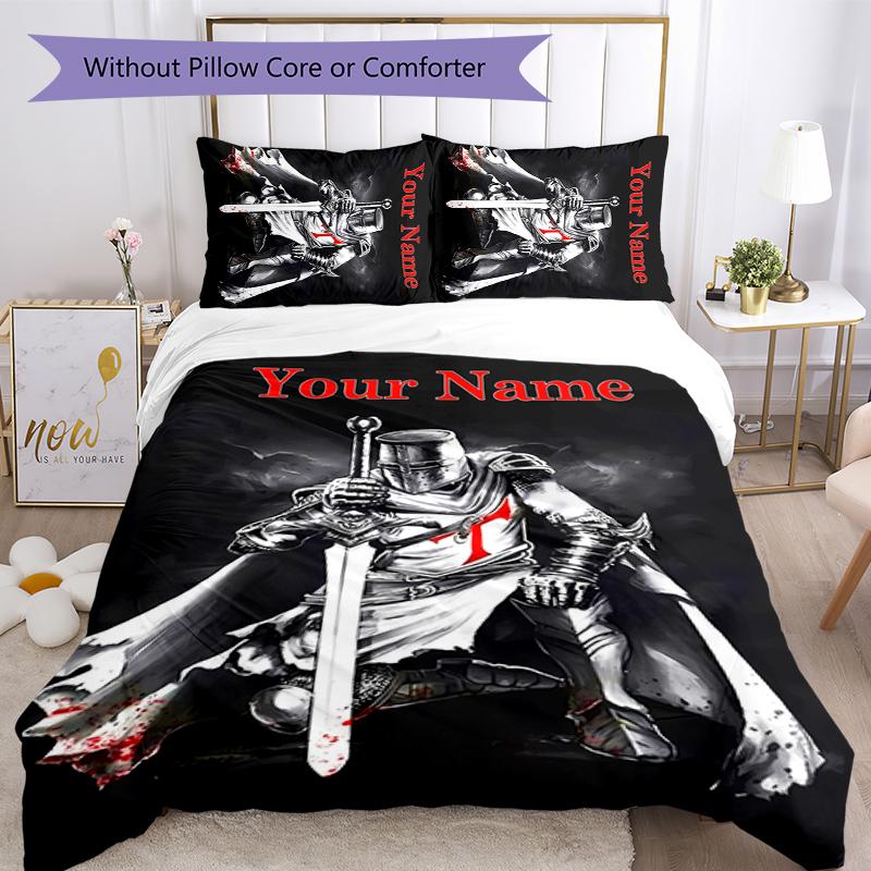 3pcs Custom Name Cartoon Knights Templar Bedding Set Duvet Cover Closure Includes 1 Duvet Cover & 2 Pillowcases for All Seasons Bedroom Decor