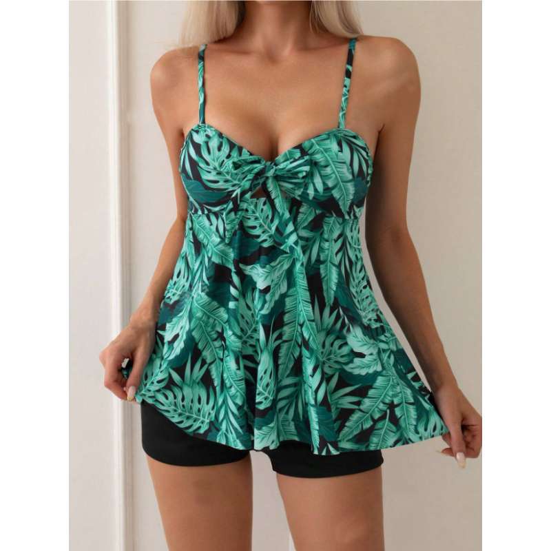 New European and American women's split swimsuit women's belly and thin conservative plant-printed boxers swimsuit