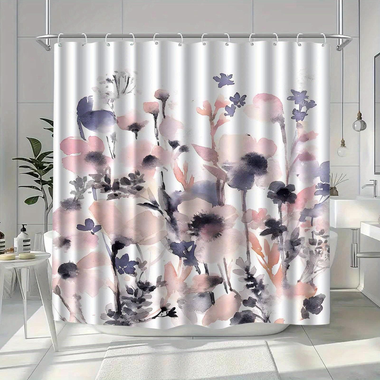

Watercolor Pink And Purple Floral Patterned Shower Curtain, Polyester Fabric, With Hooks, Suitable For Bathroom Decoration. W60H190(CM)-1 Pcs
