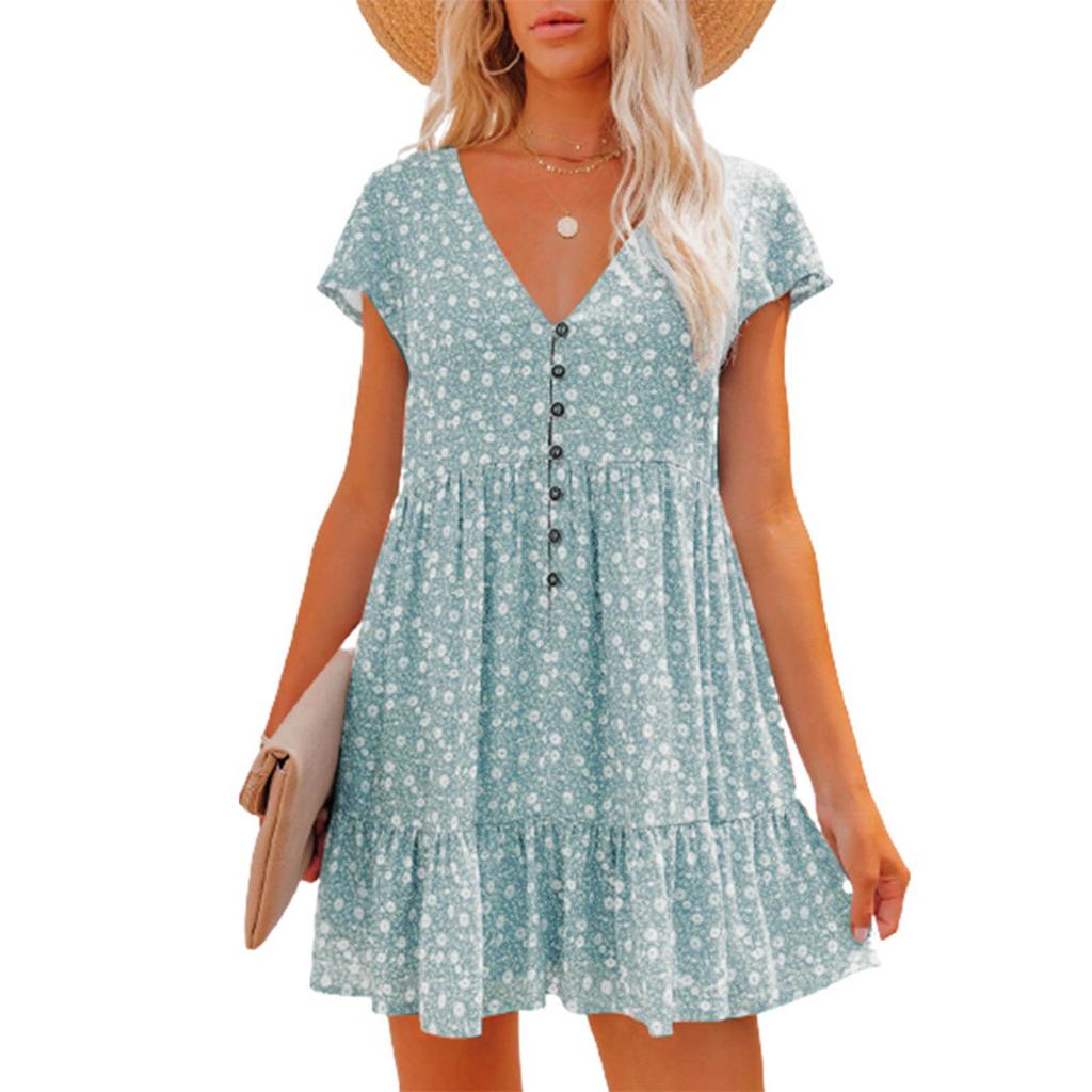 Fashion Women V Neck Button Floral Dress Short Sleeve Loose Casual Dress