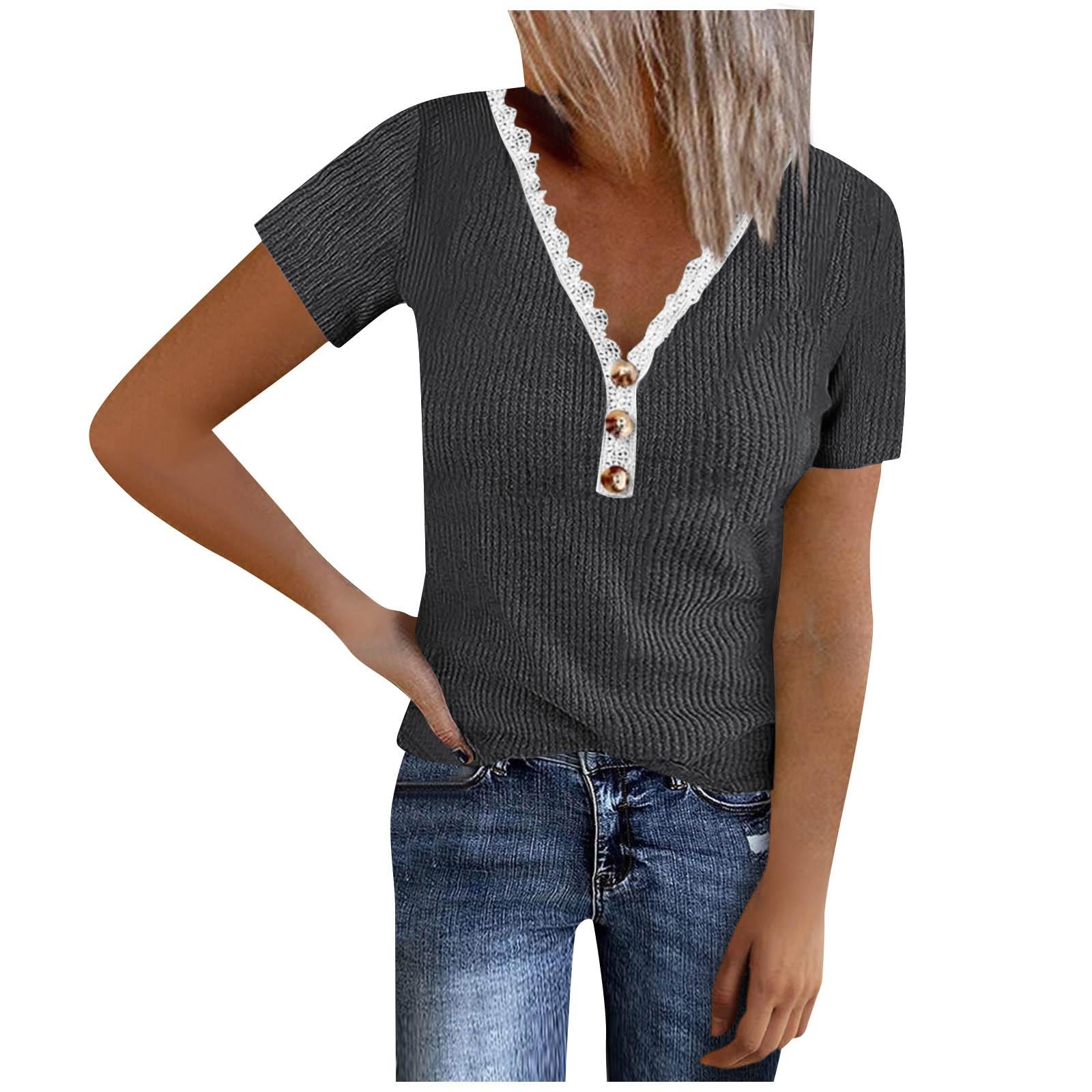 

Женские однотонные кружевные лоскутные футболки в рубчик с коротким рукавом и v-образным вырезом, свободные летние повседневные вязаные туники, нарядные топы XL