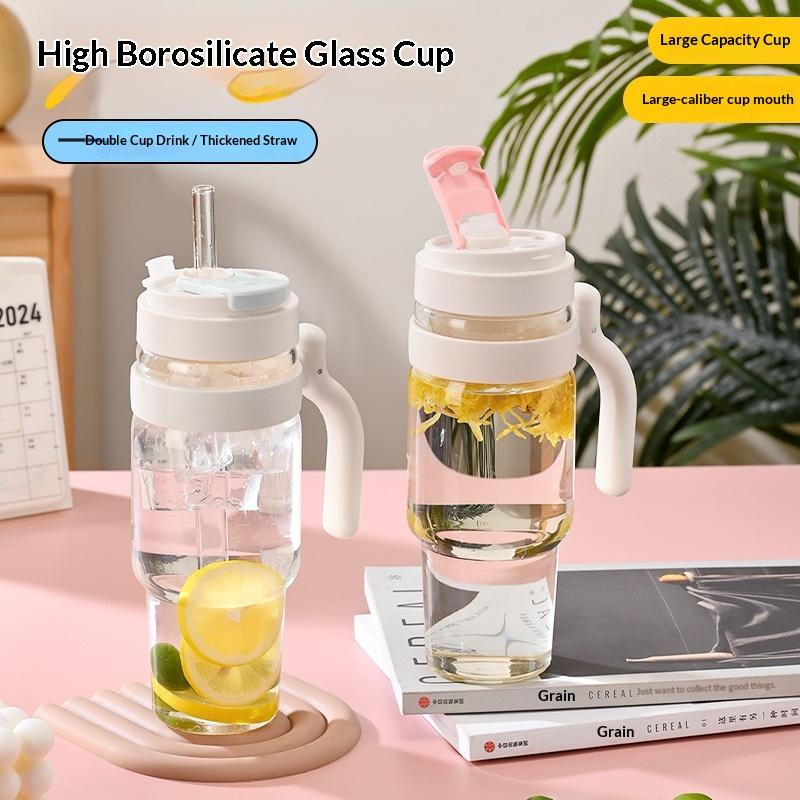 1000ml Cross Border Popular Large Capacity Flower Tea Cup, Straw Glass Cup, High Borosilicate Car Ice Cream Cup lijiao