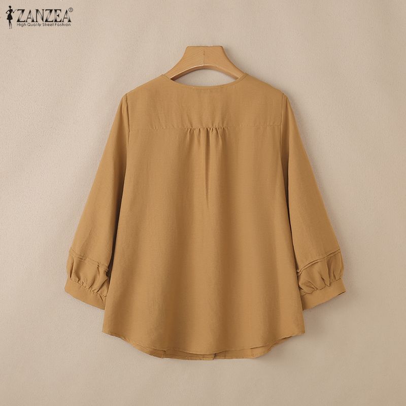 ZANZEA Women Casual Round Neck Solid Color 3/4 Sleeve Blouse