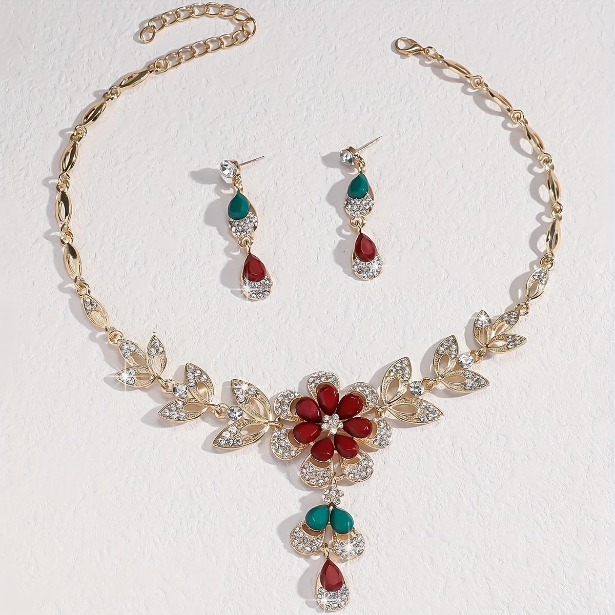 

Подарок 1 пара висячих сережек + 1 шт. ожерелье, красивый цветочный дизайн, комплект украшений из циркония для женщин, ювелирные изделия для профессионального использования, красный, белый, черный, зеленый и синий
