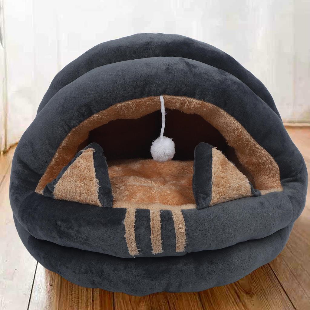 Cat Cave Semi Enclosed Cozy Pet Bed Cartoon Washable Animal House for Autumn and Winter Gray