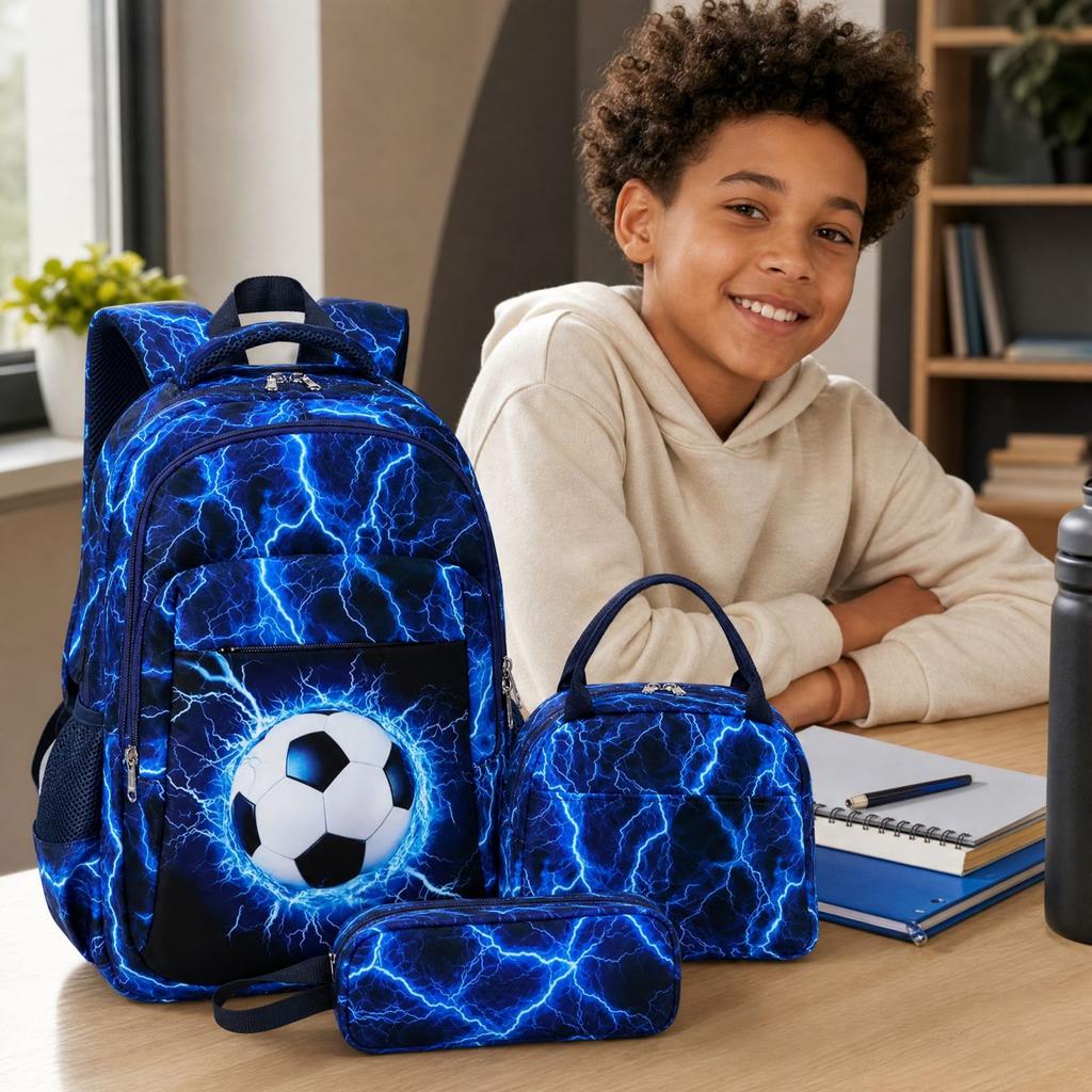 Jongens Voetbal Rugzak Set 3-Delig met Meerdere Vakken, Lunchtas en Etui