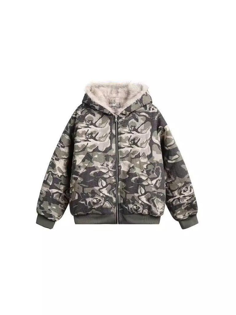 Women's 2024 Winter Retro Camouflage Hooded Cotton Jacket - Thickened & Padded