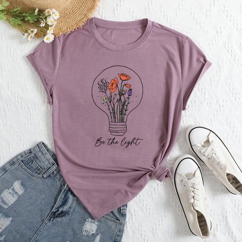 Summer Women's Fashionable Light Bulb Short Sleeved Casual Loose Cotton Round Neck Top