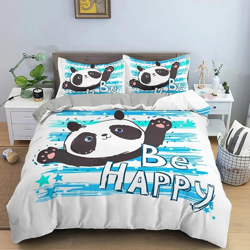Cute Cartoon Panda Stars Comfortable Duvet Quilt Cover Pillowcase Bedding Set Children Bedroom Decoration Home Textile