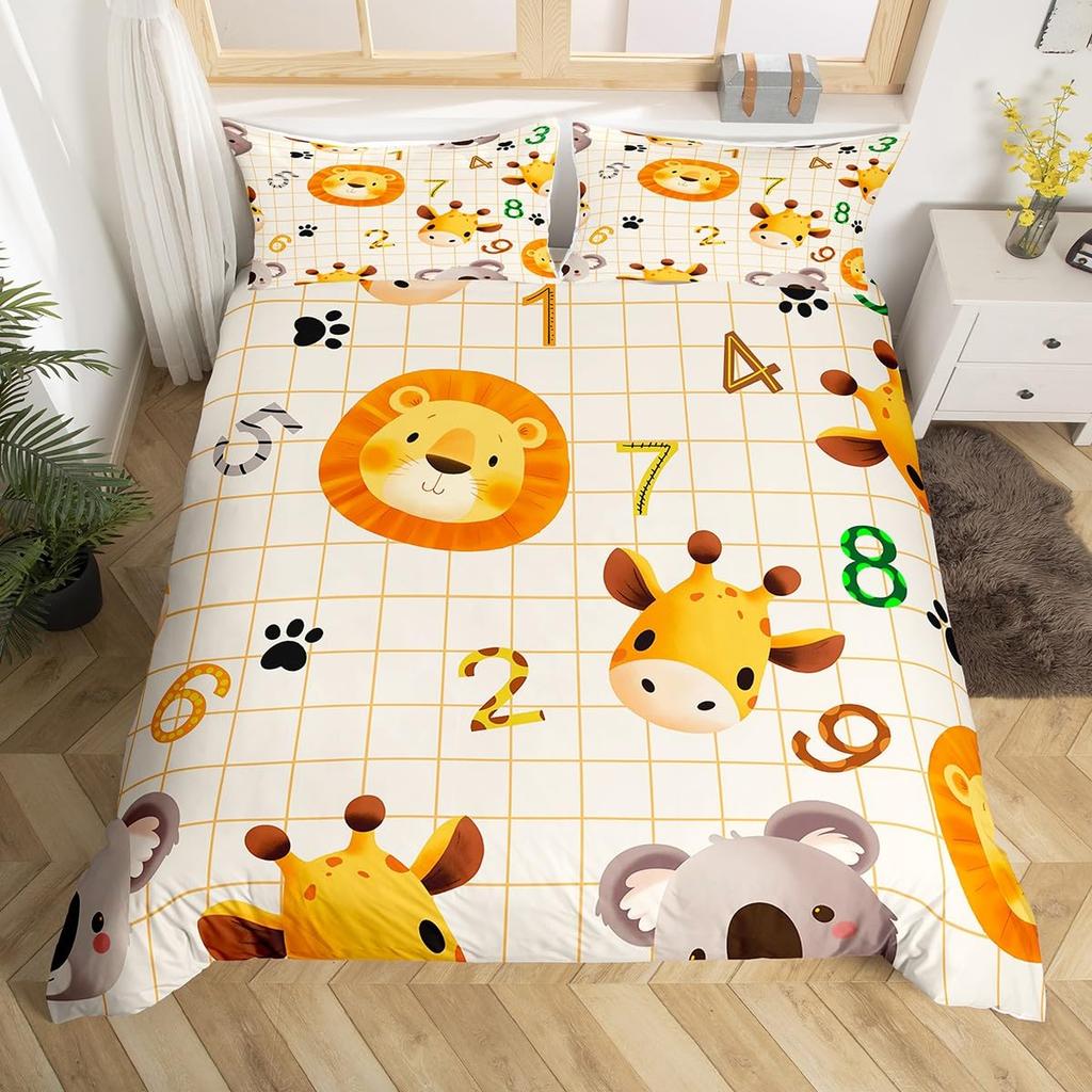 Kid Zoo Tier Bettbezug Niedliche Wildtiere Giraffe Bettwäsche Set Cartoon Löwe Nilpferd Schildkröte Yak Bettdeckenbezug Polyester Steppdeckenbezug
