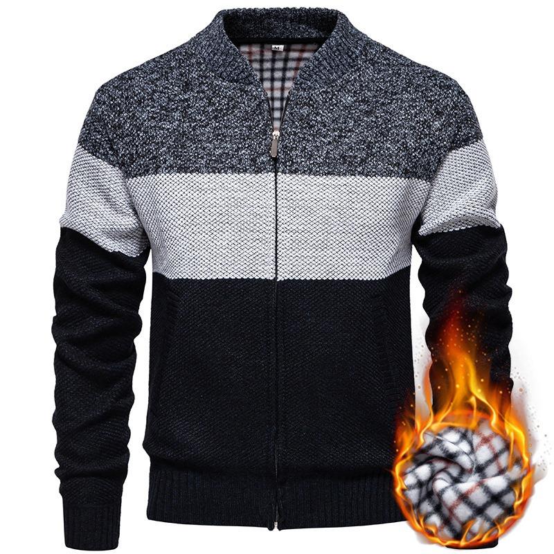 

Autumn Winter Men s Baseball Collar Knitted Cardigan Plus Velvet Thickened Stand-up Collar Color-blocked Zipper Sweater Jacket M