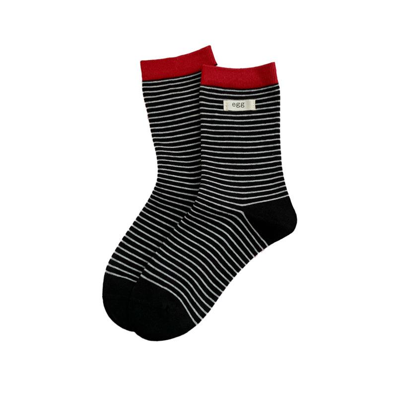 Women's Autumn and Winter Thin Striped Mid-calf Socks, Cloth Label Long Socks, College Style Black and White Stripes