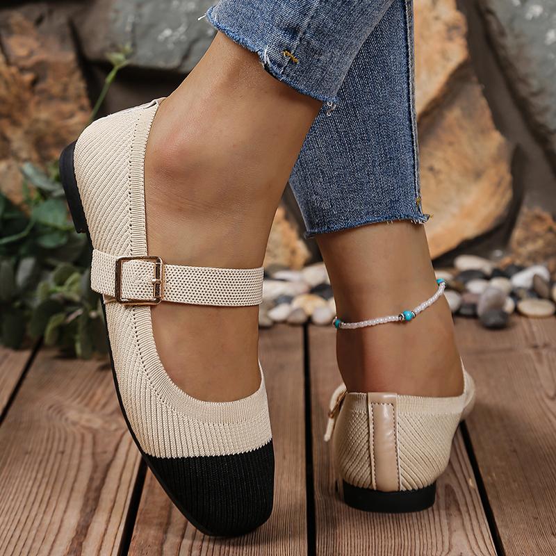 Fashion Women's Lightweight Knit Flats Fashion Mix Color Flat with Mary Jane Shoes for Women Square Toe Comfort Soft Sole Casual Shoes