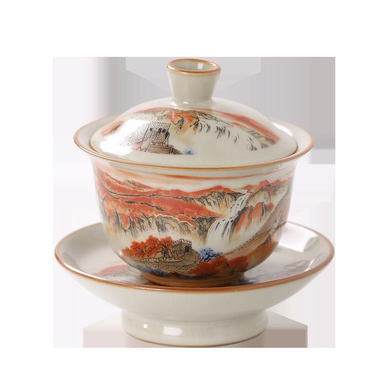 Beige Ru Kiln Sancai Cover Bowl Opening Film Can Feed Tea Bowl Kung Fu Tea Set Large Household Tea Bowl Antique Ceramics
