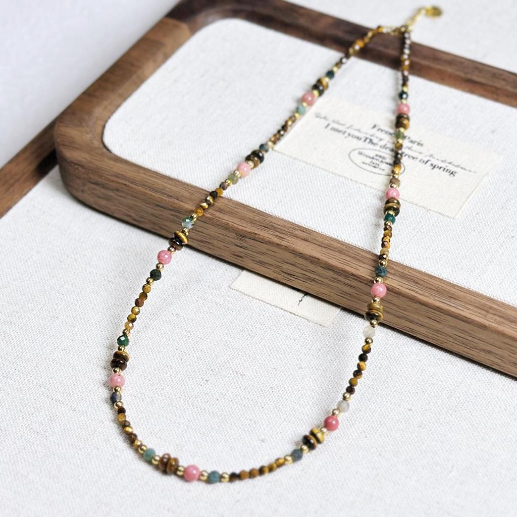 Maillard Style Natural Stone & Pearl Beaded Necklace - Tiger Eye & Pink Rose Choker