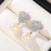Full Pave CZ Camellia Flower Pearl Dangle Earrings Silver Tone Round Gloss Imitation Pearl Wedding Bridal Jewelry Gift