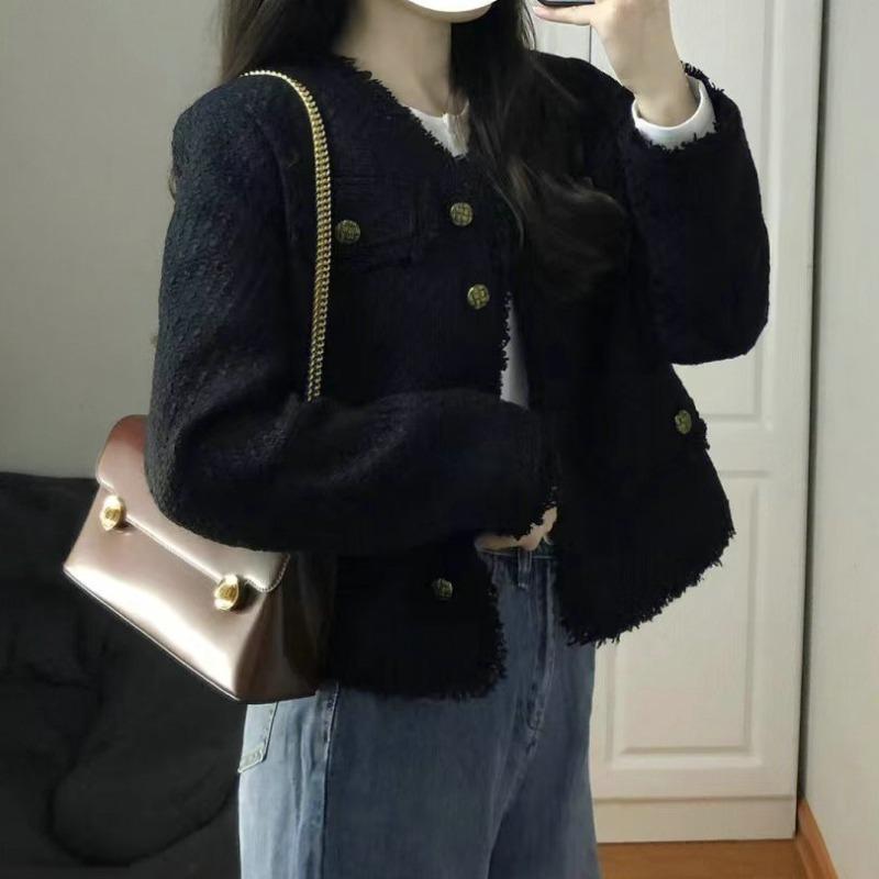 Autumn and Winter Black Small Fragrance Style Jacket for Women Early Autumn Design Niche High-end Short Tweed Top
