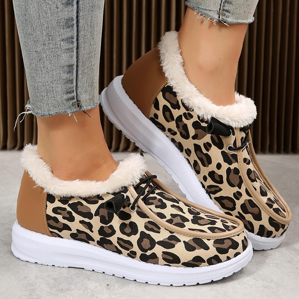 Winter thick-soled shallow-mouth low-top warm cotton shoes women's velvet thickened leopard print snow boots