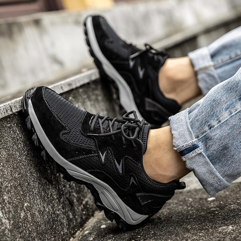 

2025 High Quality Mens Hiking Shoes Outdoor Low Ankle Hunting Trekking Sneakers Plus Size Mesh Leather Men Tourism Travel Shoes 38 чёрный