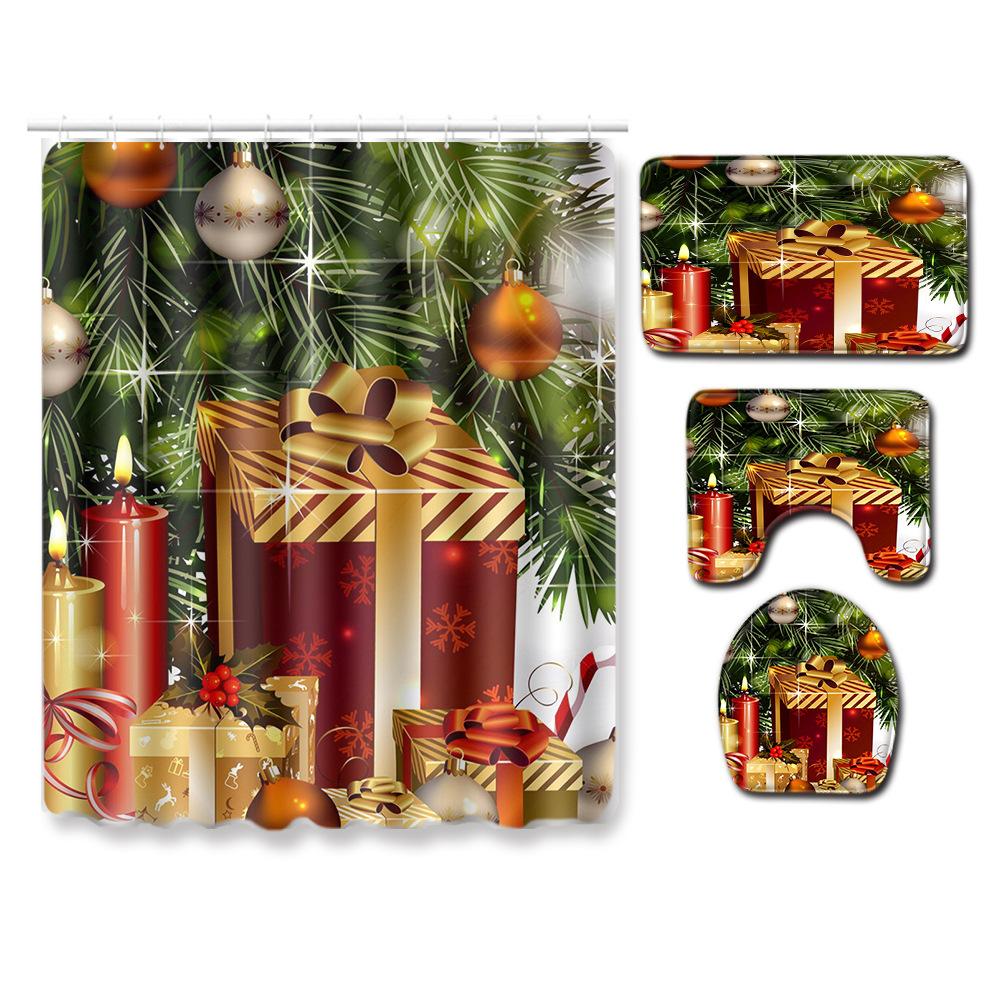 Christmas Shower Curtain Floor Mat Combination Four-Piece Set Bathroom Toilet Carpet Shower Room Mat Foot Mat