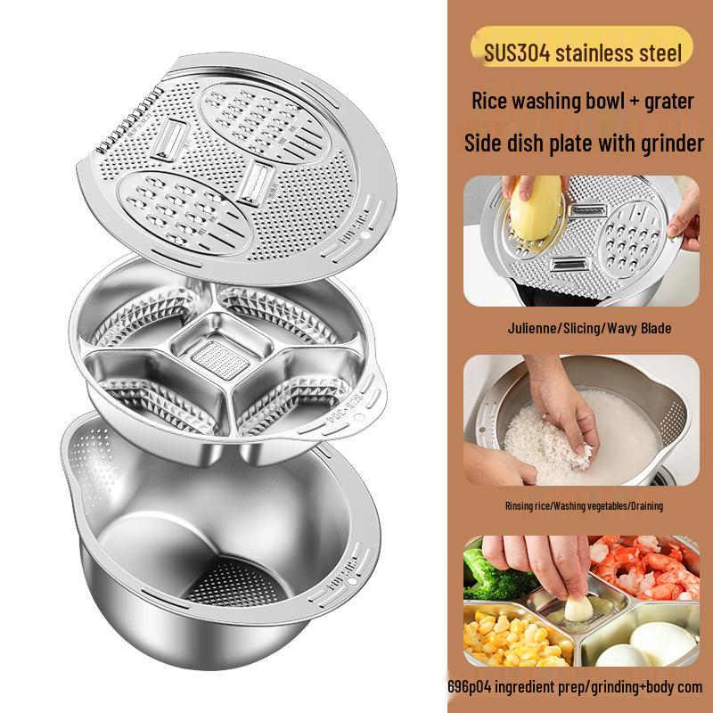 304 Food Grade Stainless Steel Multi-Purpose Basin for Rice, Vegetables & Fruits with Punching Sieve and Slanted Bottom