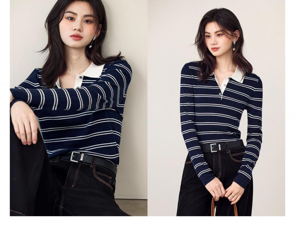 Jiang Xin's Spring 2026 Striped Wool Polo Knitwear with Contrasting Colors