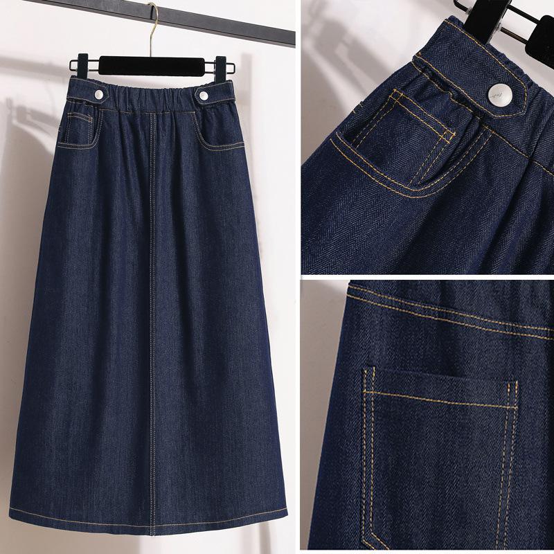 Damen Sommer Übergröße Einfarbig Elastisch Denim A-Linien Röcke Elegant Blau Vintage Halbkörperrock