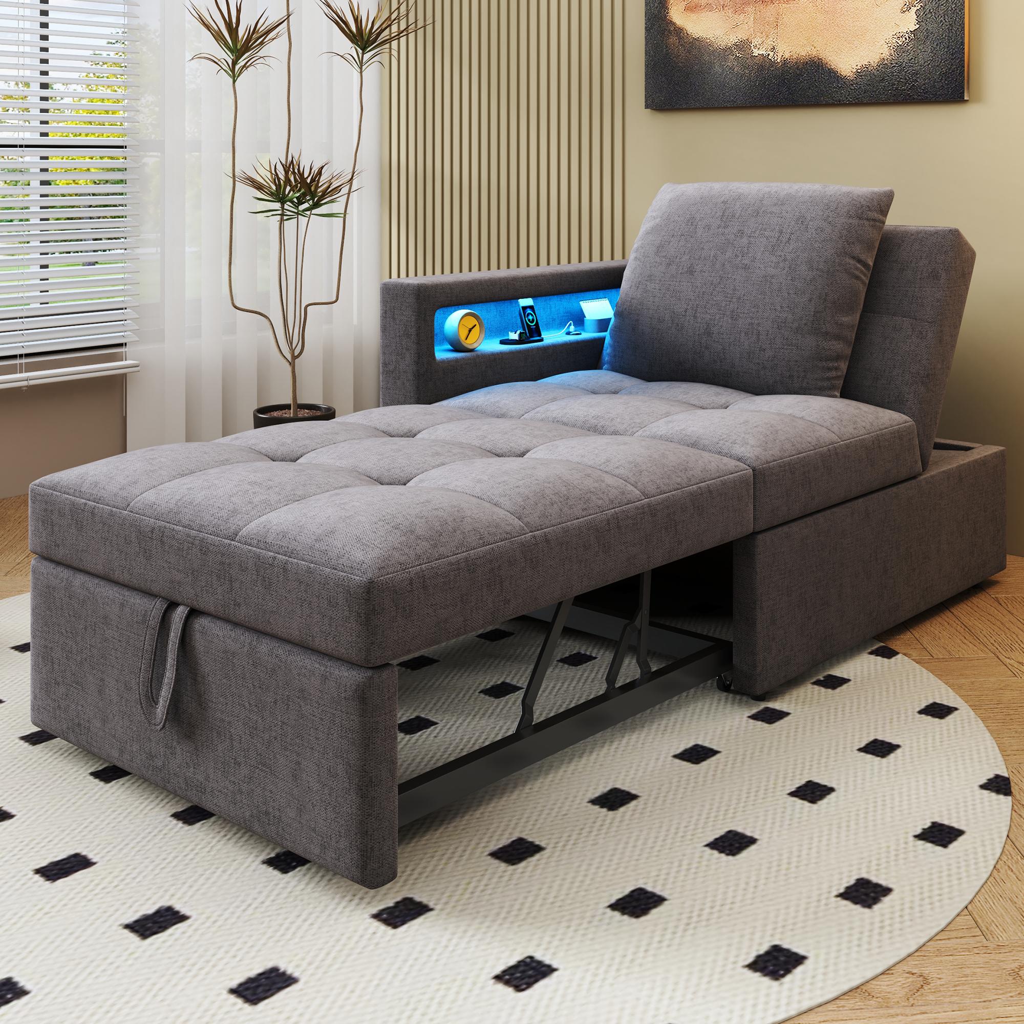 Upholstered Sofa Bed, 3-in-1 Multifunctional, Linen