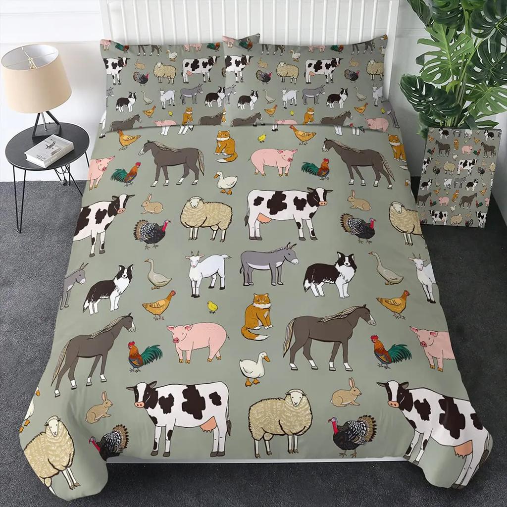 Farmer Cow Print Duvet Cover Set Oil Painting Cow Bedding Set Vintage Animals Dog Pig Chicken Printed Comforter Cover Full Size