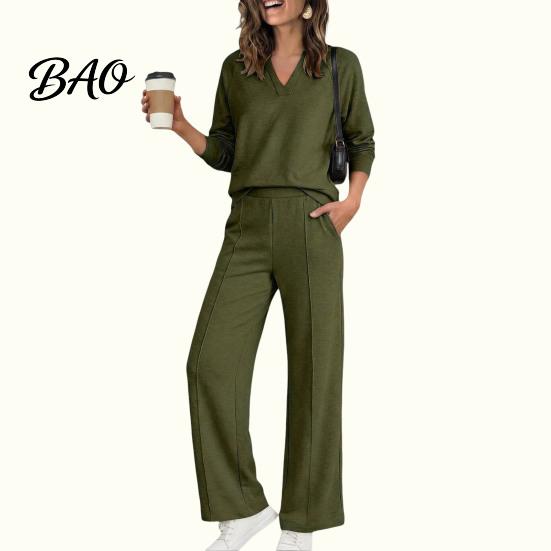 Women Gym Clothing Sweatshirt Pants 2-Piece Set, V-Neck Long Sleeve Top & Wide Lounge Sets Leg Trousers with Elastic Waist, Solid Color Matching