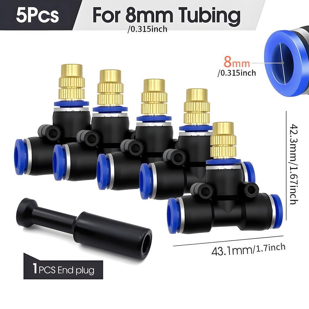 Brass Misting Nozzle with Tee Adapter Adjustable Atomizer Sprayer Outdoor Garden Irrigation Watering 6/8/10/12/14/16mm PE Tubing