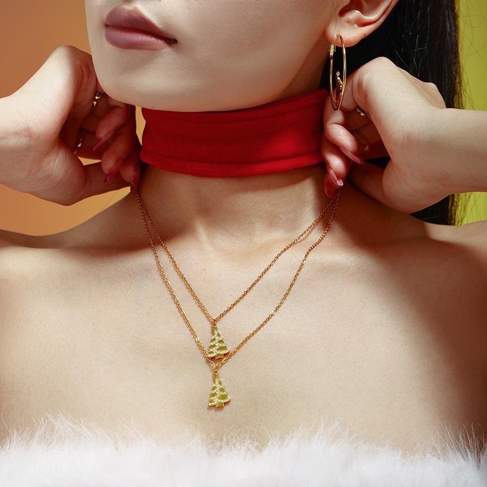 Gold-Plated Zircon Christmas Tree Pendant Necklace - Romantic Gift for Girlfriend