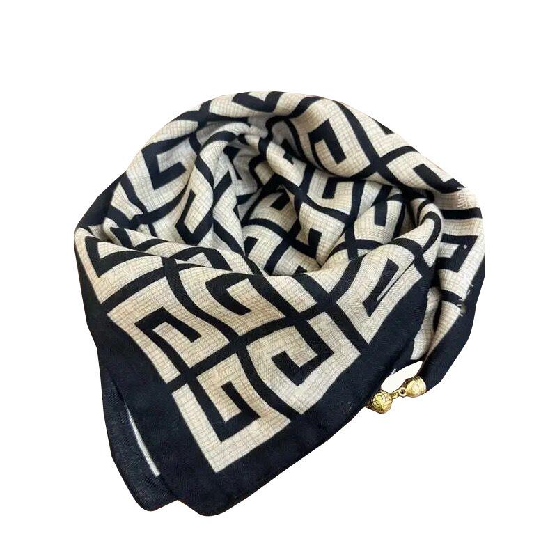 Women's 65" Silk Square Scarf with Magnetic Buckle – Autumn/Winter Print, Fashionable & Versatile Triangle Snood