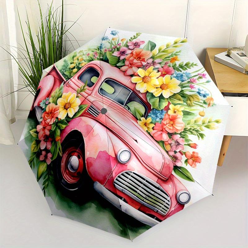 

Vintage Pink Truck with Flowers Watercolor Wall Art Print Umbrella, Cute Umbrella with Cute Design, Portable 3-Fold Compact Umbrella for Men & Women,