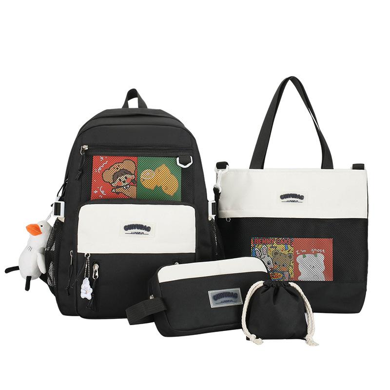 School bag four-piece female backpack fashion student large capacity backpack backpack student schoolbag