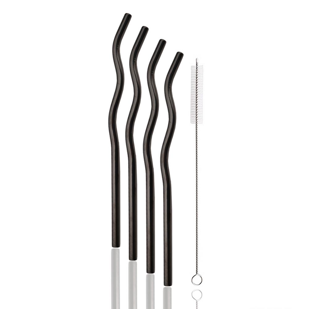 8*235mm Wave Reusable Coloful Straw Set 304 Stainless Steel Straw Bent Drinking Straw With Cleaning Brush Home Bar Accessory
