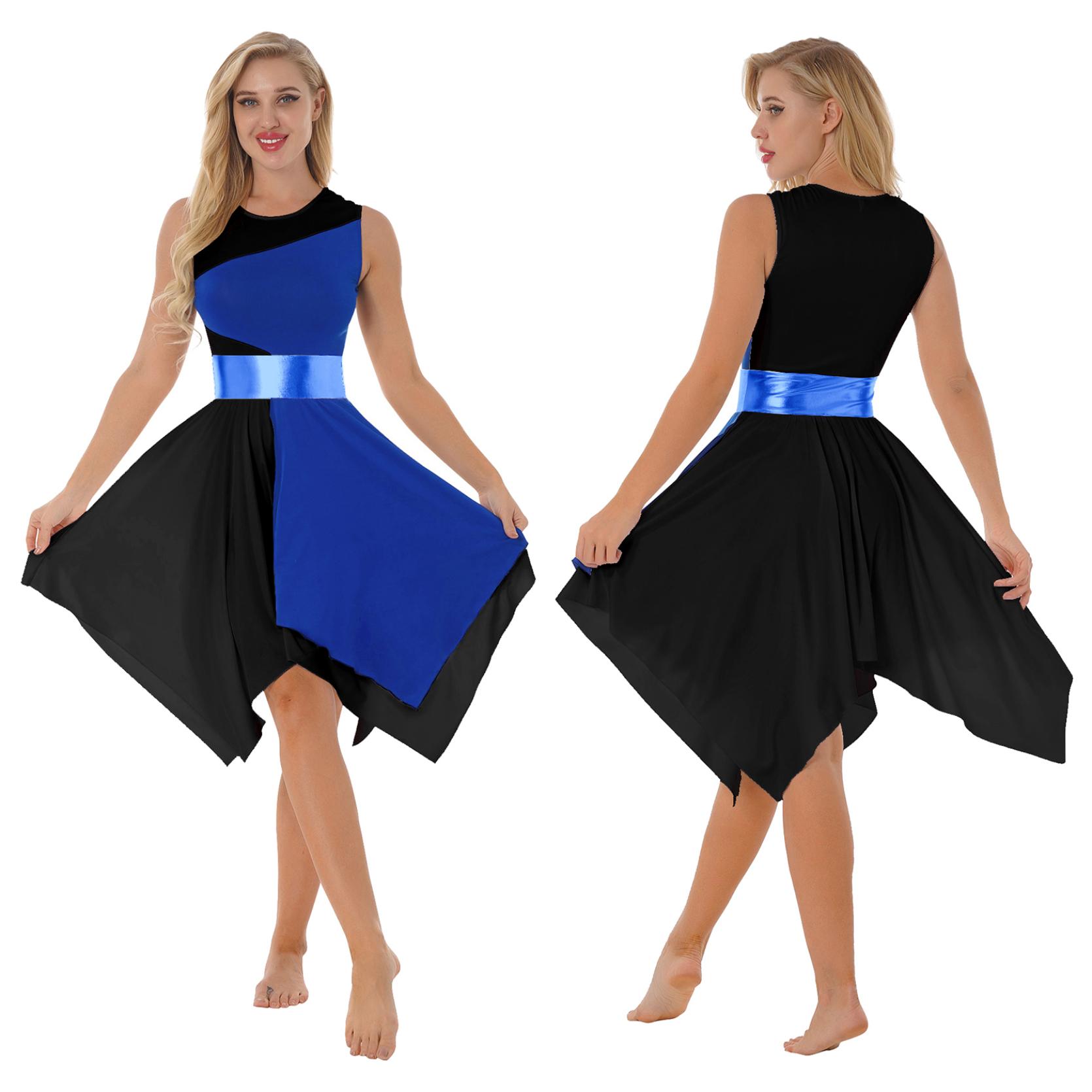 

Женский лирический танцевальный костюм без рукавов, платье с вырезами, асимметричная шифоновая юбка, трико, балетное боди XXL синий/чёрный