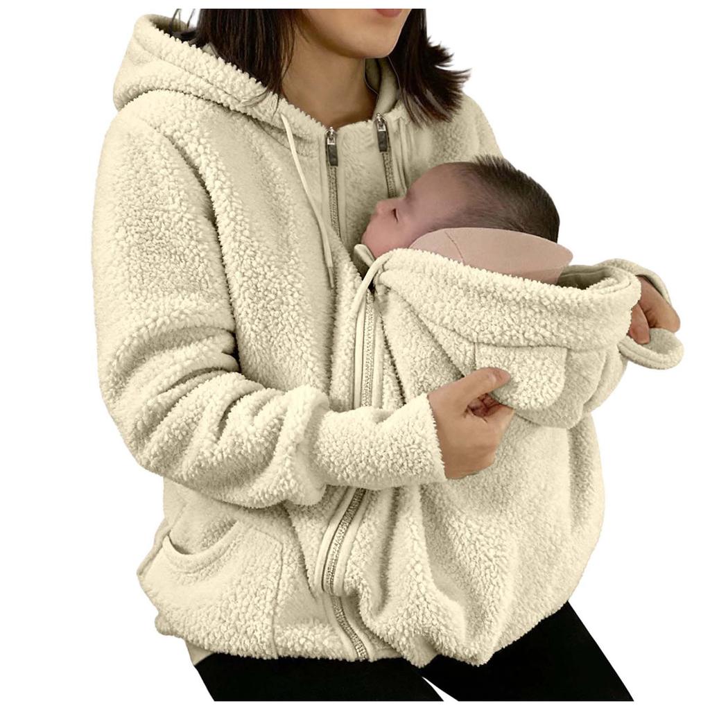 Herfst en Winter 2-in-1 Warme Fleece Hoodie Jas met Draagzak Lange Mouwen Nepbont Pluche Sweatshirt Buiten Mama Hoodie Jas Baby Tas