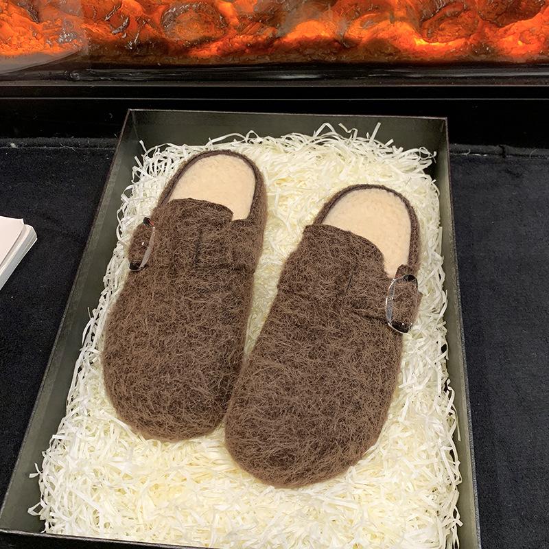 Retro Filz Dicksohlige Taschenkopf Halbschuhe Damen Außenbekleidung 2025 Herbst und Winter Neue Samt High-End Muller Baumwollpantoffeln