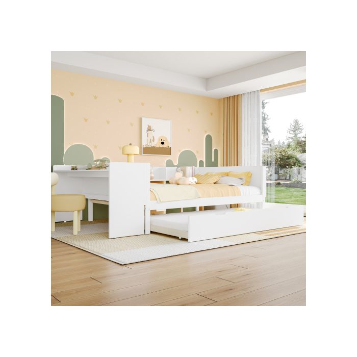 Lit double - MUVOE - 140x200cm - Bois massif - Bureau intégré - Étagères de rangement