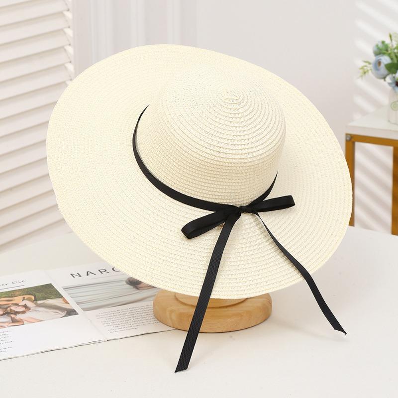 Summer Bow Sun Hat Female, Seaside Beach Vacation Sun Hat Outdoor Big Brim Sun Hat Sweet Straw Hat
